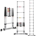 12.5 FT Stainless Steel Telescoping Ladders - One-Button Retraction Collapsible Extension Ladder for Home,RV,Attic,Lasts 330 LBS with Balance Bar and Wheels