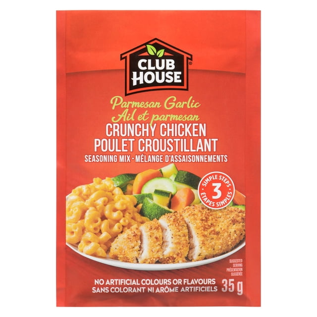 Parmesan Garlic Crunchy Chicken Seasoning Mix by Club House in red packaging featuring a plate with crunchy breaded chicken slices, macaroni and cheese, and mixed vegetables, weighing 35 g and free from artificial colours or flavours, suitable for seasoning chicken, pork, and shrimp.