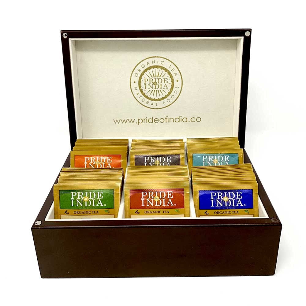 Pride Of India - Organic Herbal Tea Chest - 72 Tea Bags Assorted - Hand packed, Best for Gifting, Holidays, Tea Parties, Corporate/Restaurant Use - Healthy Supplemental Teas, Beautiful Box & Clear Lid