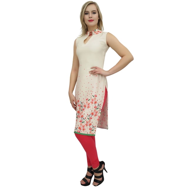 Bimba Tunique Sans Manches à Imprimé Floral Crème pour Femme, Kurta Kurti de Designer-14
