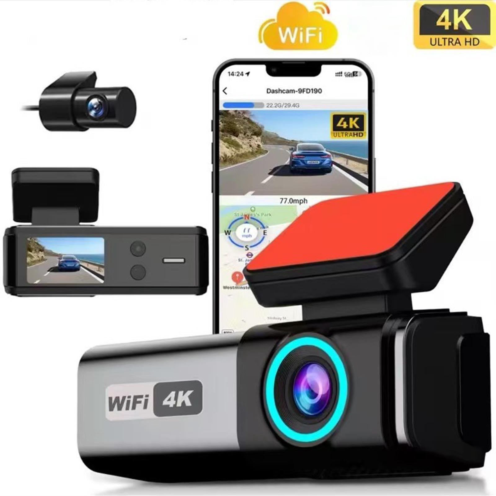 Suncoda Dash Cam, Dash Cam 4K Front and 1080P Rear HD Recording Night Vision Driving Recorder with 1.47 Inch Screen and Wifi Mobile Phone Interconnection
