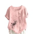 thumbnail image 2 of Économies d'Été! Horkkom Hauts Grande Taille pour Femmes Été Chemises Amples en Lin à Manches Courtes Col Rond Imprimé Floral Blouses Confortables, 2 of 4