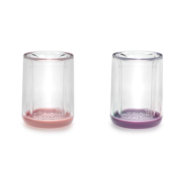 Double-Walled Bear Cups showing two clear toddler drinkware glasses with a suspended bear shape inside, one with a pink base and the other with a purple base, both embossed with the Melii brand name, ideal for children's hydration and easy cleaning.