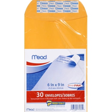 Mead Press-It Seal-It 6X9 Envelopes, Office Pack 30 Count (76084), Brown
