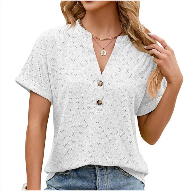 RKSTN Womens Tops 2024 Fashion Casual Short Sleeve V Neck Tops Loose Plus Size Solid Color Mesh Breathable Temperament Tops