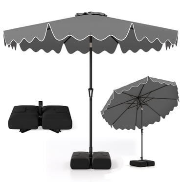 Costway Parasol de Patio 9 Pi avec Sacs de Sable à Base Lestée, Inclinaison à Bouton-Poussoir, Manivelle, Nervures Robustes, Gris
