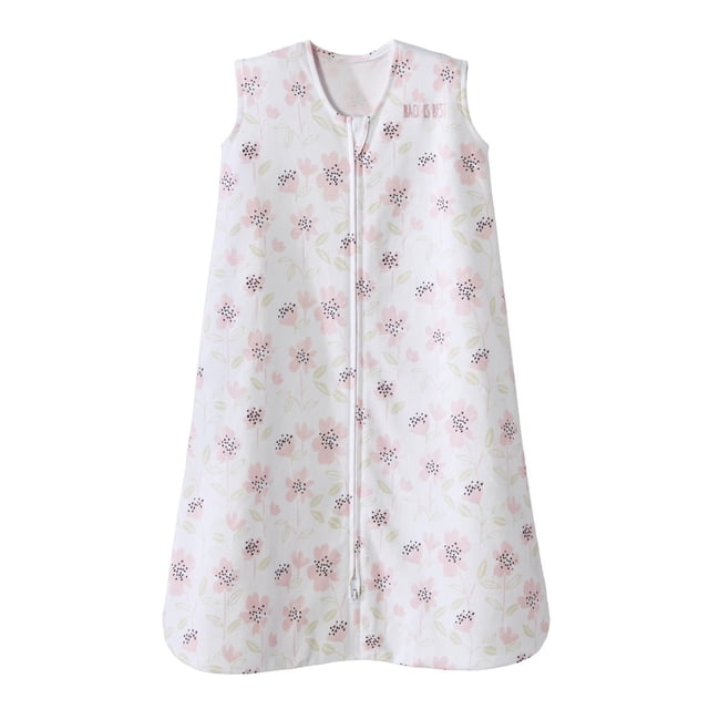 HALO® SleepSack® Couverture Portable - 100 % Coton - Couverture Portable pour Bébé Sans Manches à Motif de Fleurs Sauvages Blush avec Fermeture Éclair à l'Avant Bidirectionnelle, Tissu en Coton Blanc Imprimé de Fleurs Rose Blush et de Feuilles Vertes, « Back is Best » Brodé Près de l'Encolure pour un Sommeil Sécuritaire