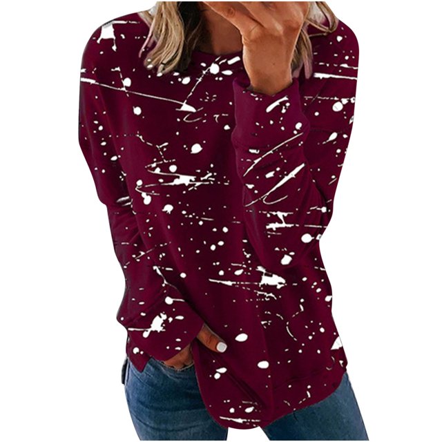 IROINID Liquidation Hauts pour Femmes Grande Taille Imprimé Manches Longues Confortable Respirant T-Shirt à Col Rond Hauts, Bourgogne