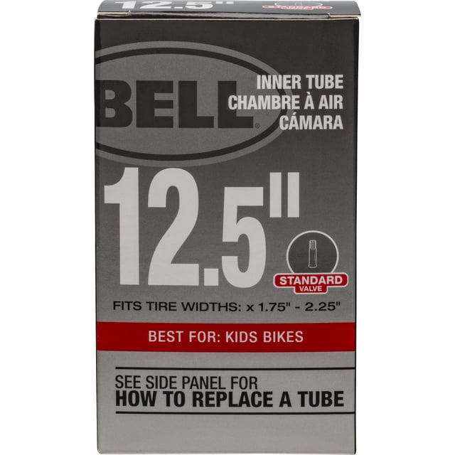 Bell Sports 12" Standard Schrader Valve Tube front-facing close-up of a folded 12-inch inner tube with a visible Schrader valve stem and mold-cured rubber sidewall per product specs to help prevent high-pressure blow-outs; suitable as a spare for kids' bikes.