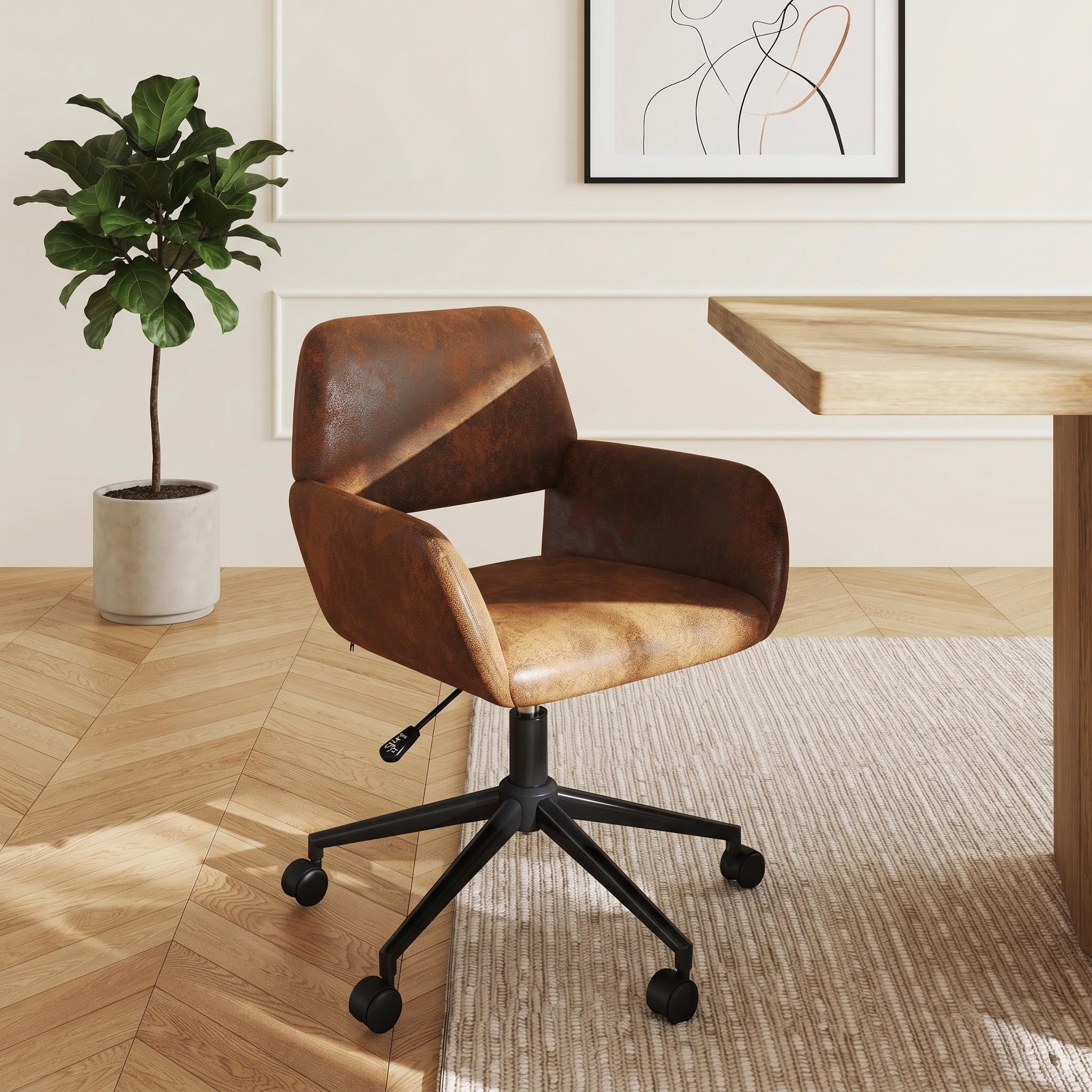 Homy Casa 1-Piece 24'' 360° Swivel Task Chair, Adjustable Height Upholstered Chair with Arms for Home Office, Brown