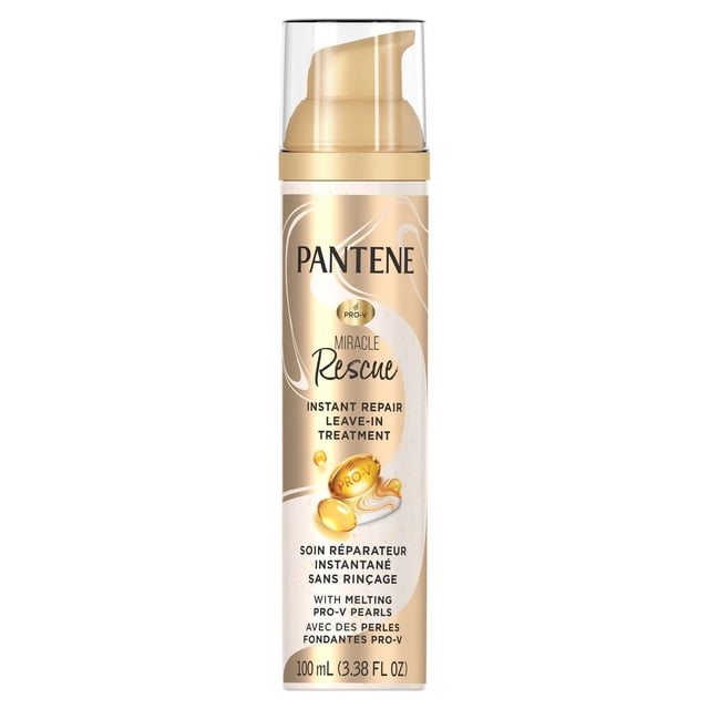 PANTENE MIRACLE RESCUE LEAVE-IN TREATMENT 100 mL pump bottle with gold and beige label and clear cap, designed for instant hair repair with melting Pro-V pearls, nourishing damaged hair without rinsing, suitable for use on dry or damp hair.