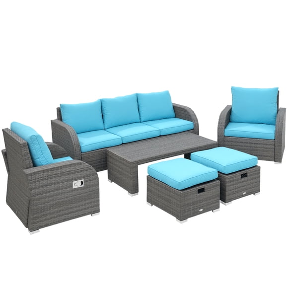 Outsunny Patio Furniture with Cushions, 6 Pieces PE Wicker Patio Sectional Furniture Conversation Set w/ a Three-Seat Sofa, 2 Recliner Chairs, 2 Footstools & Table, Sky Blue