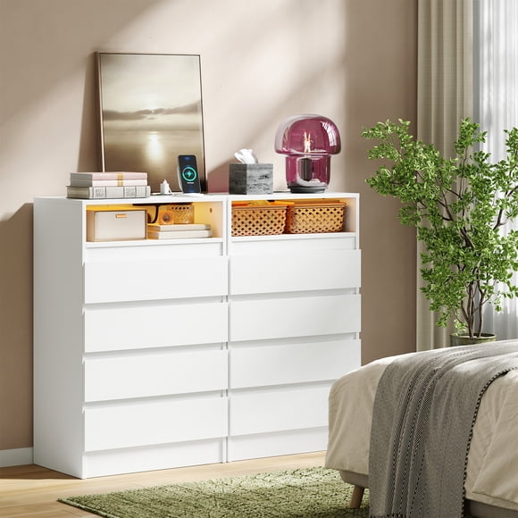 Modern 4 Drawer Dresser with Charging Station and LED Lights – Wide Storage Cabinet for Bedroom, Living Room, or Entryway – Integrated Power Outlet – Contemporary Furniture Set – White