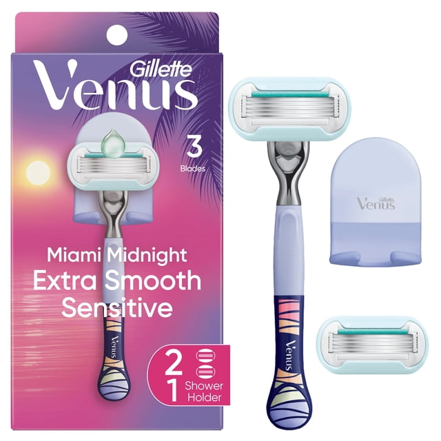 Gillette Venus Miami Midnight Extra Smooth Sensitive women's razor with 3 blades, featuring a pastel blue and purple ergonomic handle with wave pattern, two blade refills, translucent blue protective cap, and included shower holder, shown with packaging depicting a sunset and palm tree design.