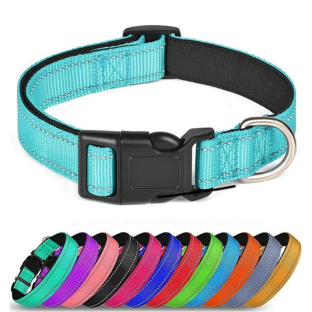 Reflective Dog Collar Soft Neoprene Padded Breathable Nylon Pet Collar Adjustable for Small Medium Large Extra Large Dogs. The image shows a turquoise nylon dog collar with reflective stitching, a padded neoprene lining, and a black quick-release ABS buckle. A metal D-ring is attached for leash or tag connection. Below, a variety of additional color options are displayed, including pink, black, red, blue, and orange.