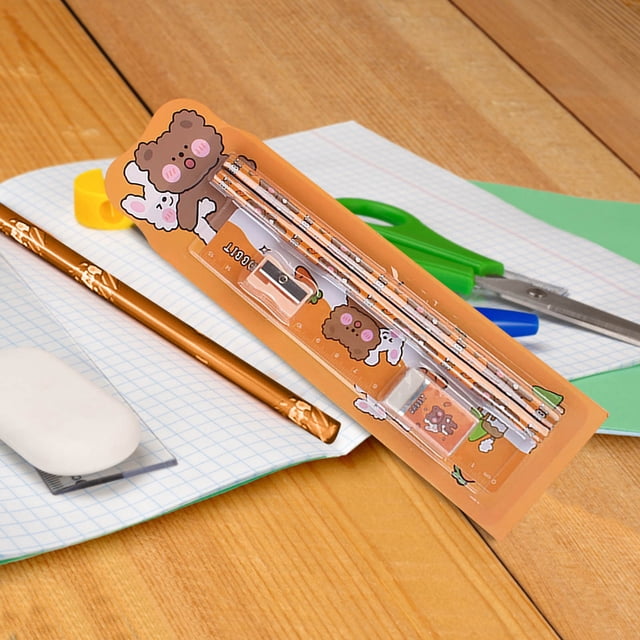 School Supplies Set for Kids - 5-Piece Stationery Kit with Pencils, Erasers, Ruler & Sharpener for Elementary Students