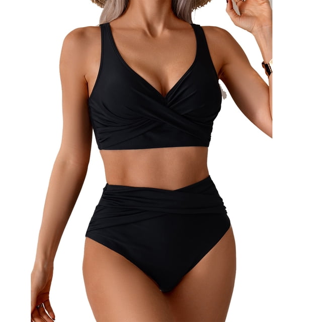 Weiqiqre 2 Piece Swimsuit for Women Twist Front Tie Back 2 Piece Bathing Suit V Neck Ruched Swimsuits Bikinis