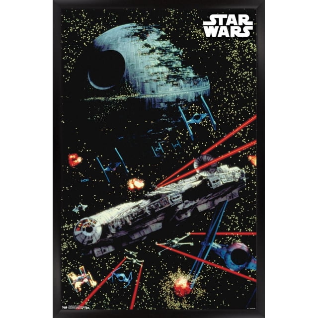 Star Wars : Saga - Affiche Murale de Bataille Spatiale, 22,375 Pouces x 34 Pouces Représentant une Impression d'Affiche Brillante d'Une Bataille Spatiale avec l'Étoile de la Mort Partiellement Construite, Plusieurs Chasseurs blue TIE et le Faucon Millennium Tirant des Explosions laser Rouges dans un Espace Noir Étoilé, Convient à la Déco Maison Ou à une Fête à Thème.
