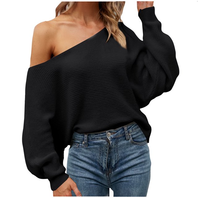 Yuyuzo Women's off Shoulder Sweater Long Batwing Sleeve Loose Pullover Ribbed Knit Solid Color Tops