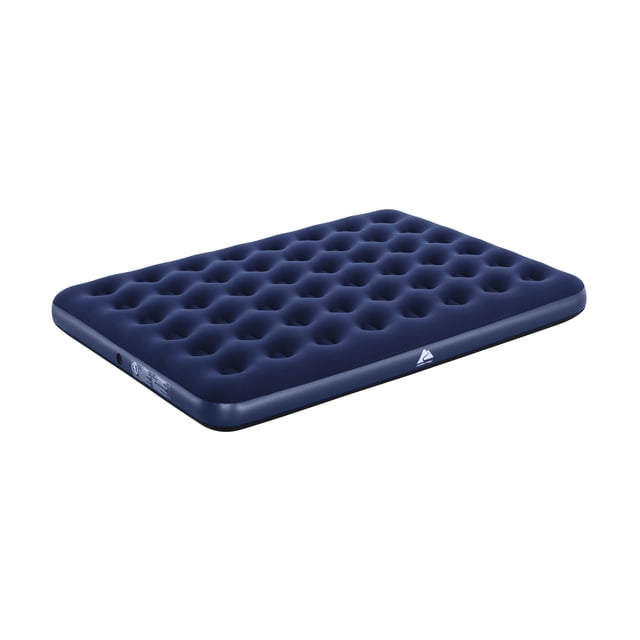 Ozark Trail® Queen Single High Air Mattress in dark blue with a soft flocked top and circular air pockets, featuring coil beam construction for contoured support and a 2-way quick-release valve for fast inflation and deflation, shown inflated at a 3/4 angle on a white background, ideal for indoor and outdoor camping use.
