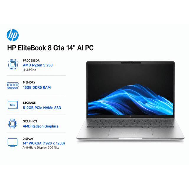 HP EliteBook 8 G1a 14"WUXGA / AI PC | Ryzen 5 230 / 16GB RAM / 512GB SSD / Radeon Graphics / Win 11 Pro / Bi-Lingual Keyboard(Brand New)
