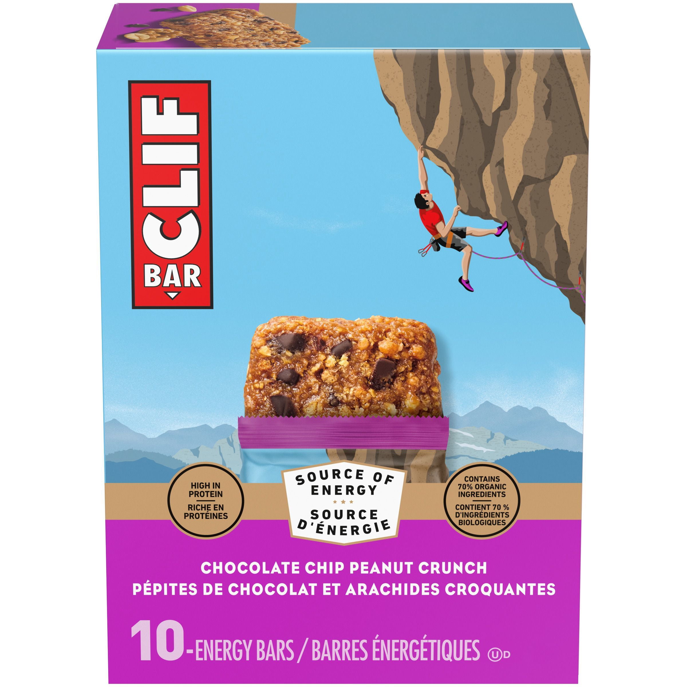 CLIF BAR Barres Énergétiques, Pépites de Chocolat et Arachides Croquantes, Barre Granola, Riche en Protéines, Collations, Barres Déjeuner, Contient 70 % d'Ingrédients Biologiques Boîte de 10 Barres