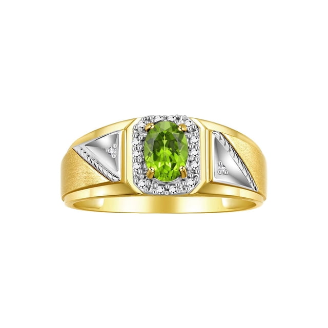 RYLOS Men's Rings Yellow Gold Plated Silver Classic 7X5MM Oval Gemstone & Diamond Ring Peridot August Birthstone Rings For Men Size 11