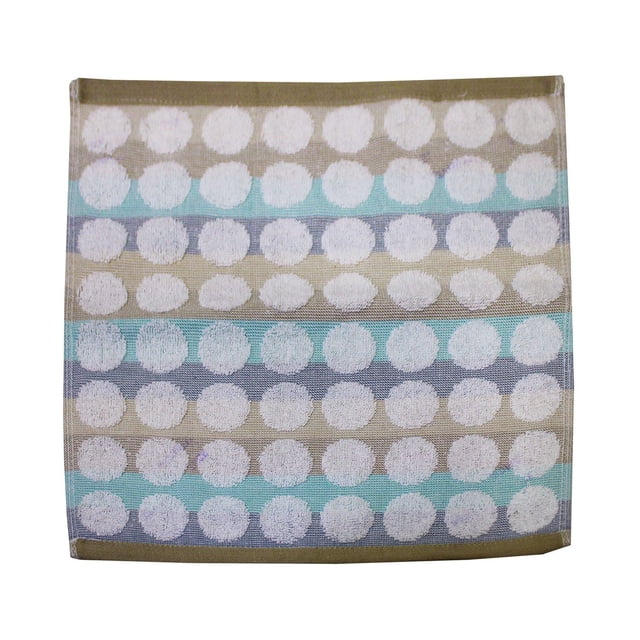 Hometrends Fashion washcloth featuring a yarn-dyed jacquard pattern of white circular dots arranged in horizontal rows on alternating beige, light blue, and gray stripes, made of absorbent cotton with a soft hand feel, measuring 13 by 13 inches, machine washable and suitable for bathroom or kitchen use, often used as a gentle face cloth.