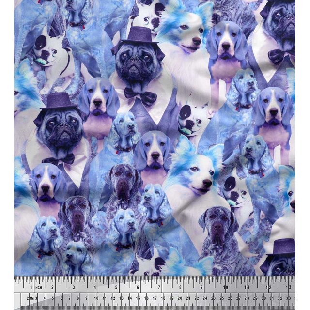 Soimoi Poly Georgette Fabric Pug,Beagle & English Cocker Spaniel Dog Scene Printed Fabric 1 Yard 52 Inch Wide