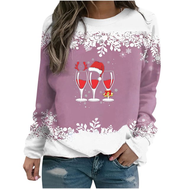 Chandail en Molleton T-shirt d'Hiver Imprimé Ample pour Femmes Manches Longues Blouse Col Rond Hauts Décontractés Chandails à Capuchon pour Femmes Chandail en Liquidation
