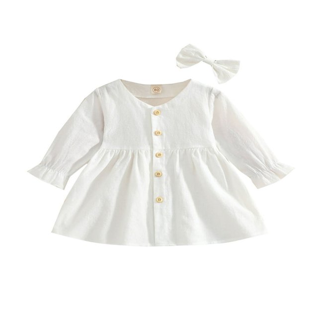 Toddler Girls 2Pcs Fall Outfits Cute Long Sleeve V Neck Button Down Dress with Hair Bow Set