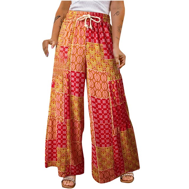 Jsaierl Womens Boho Print Palazzo Pants Elastic High Waist Drawstring Wide Leg Flowy Pants Plus Size Holiday Straight Leg Pants