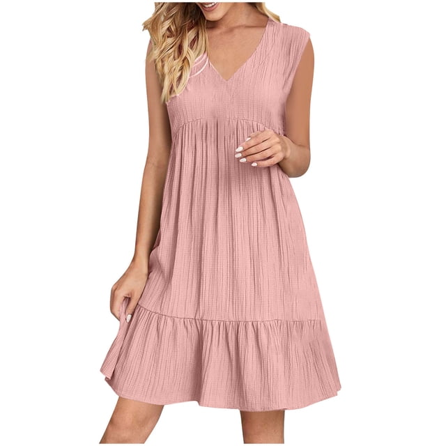 Yuyuzo Robes d'Été pour Femmes Sans Manches à Col en V Mini Robe T-Shirt Plissée à Volants Fluide Plage Vacances Robes d'Été