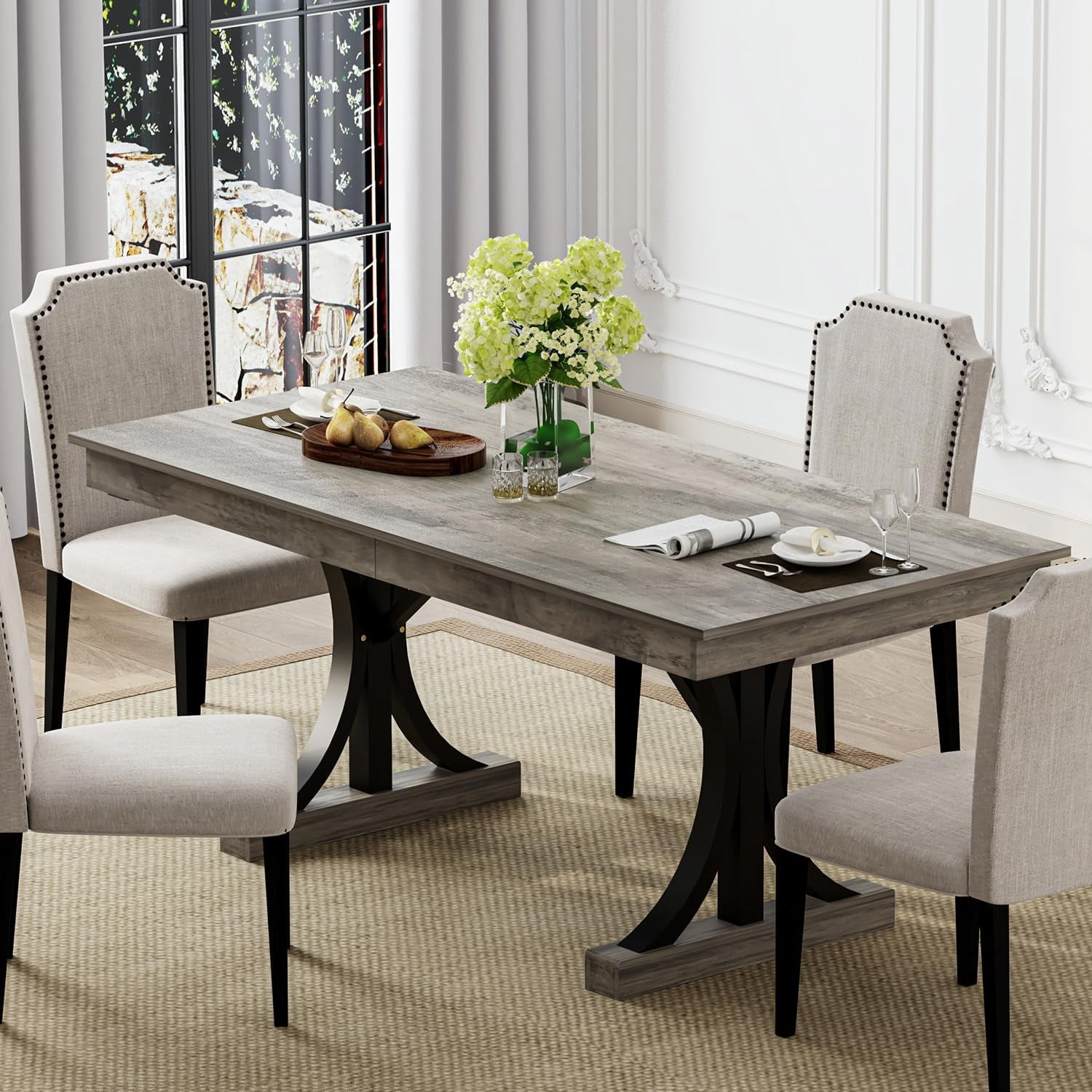 71-Inch Wooden Kitchen Table with Two Drawers, Large Dining Table for 6-8 w/Large Tabletop & Sturdy Frame, Rectangular Dining Table with Double Pedestal, for Kitchen, Dinner