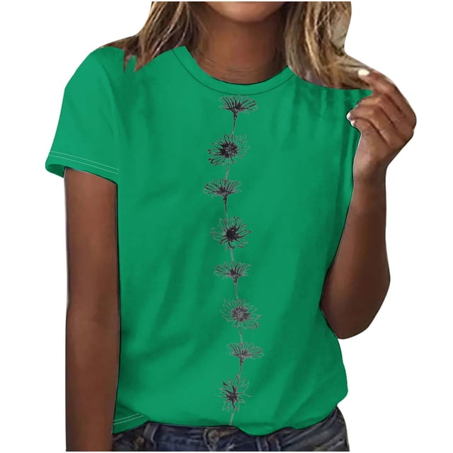FAIWAD Hauts d'Été à Motif Floral pour Femmes, Col Rond Décontracté, T-Shirt à Manches Courtes, Coupe Ample et Confortable, Chandail à Enfiler