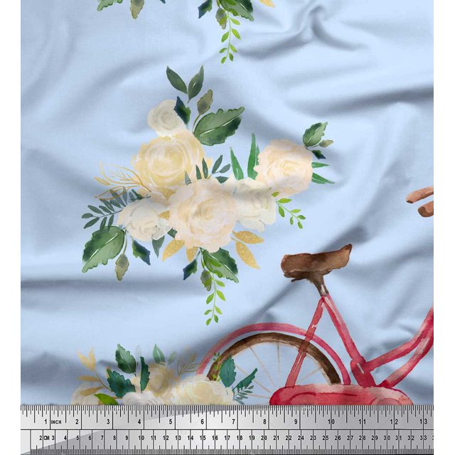 Soimoi Blue Poly Georgette Fabric Roses & Bicycle Transport Printed Fabric 1 Yard 52 Inch Wide