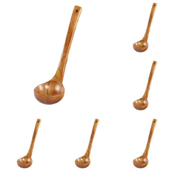 Tableware Natural Handle Wooden Spoon Set for Soup and Kitchen Dining & Bar Long Elegant Serving Utensil with Classic Wood Grain for Everyday Use, Beige 6Packs