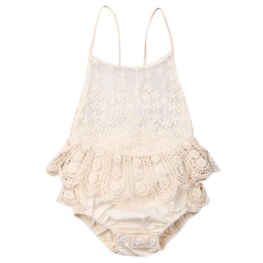 Xingqing Newborn Infant Baby Girls Solid Color Floral Lace Sling Hollow Back Romper