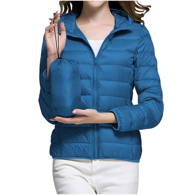 WRKEKC Lightweight Hooded Parka for Women, Solid Color Long Sleeve Full Zip Coat with Secure Pockets and Ribbed Cuffs, Transitional Season Layer Blue M