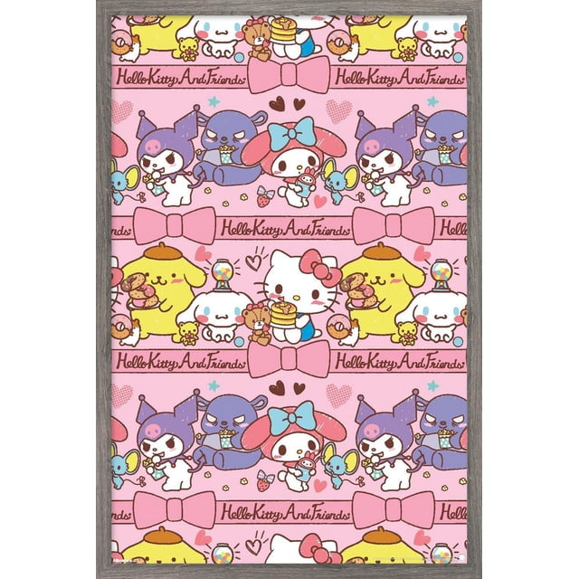 Hello Kitty and Friends : 25 Collation Time - Affiche Murale Collage, 14,725 Po x 22,375 Po Encadrée, Affichant un Motif Répétitif sur Fond Rose avec Hello Kitty Tenant des Crêpes, My Melody avec un Nœud Bleu, Kuromi avec un Chapeau Bouffon Violet, Pompompurin avec des Biscuits et Cinnamoroll avec une machine à Boules de Gomme, Accentuée de Cœurs et de Nœuds, Convient pour Décorer des Chambres, des Bureaux Ou des Dortoirs.