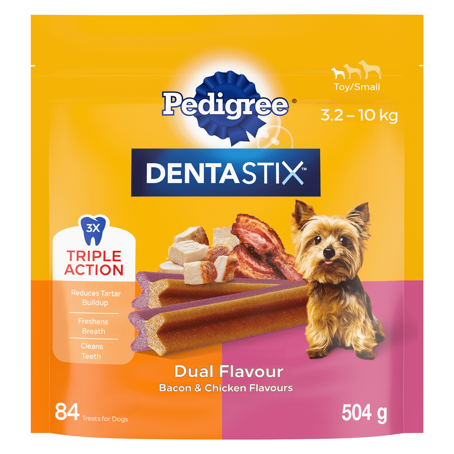 Pedigree Dentastix Oral Care Dual Flavour Bacon & Chicken Mini Breed Adult Dog Treats, 84 Treats
