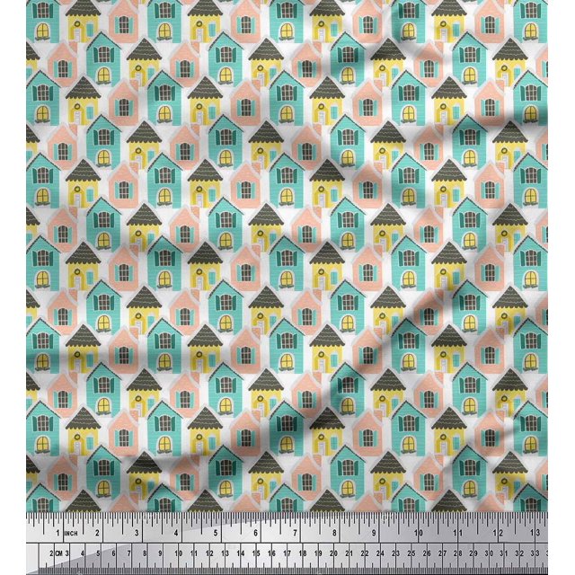 Soimoi White Rayon Fabric House Architectural Print Sewing Fabric Yard 42 Inch Wide