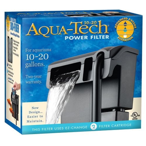 Aqua-Tech 10-20 Power Filter box showing a black aquarium power filter with water flowing from the spout, designed for 10-20 gallon aquariums, featuring advanced 3-stage mechanical, carbon, and biological filtration with EZ-Change filter cartridge system.