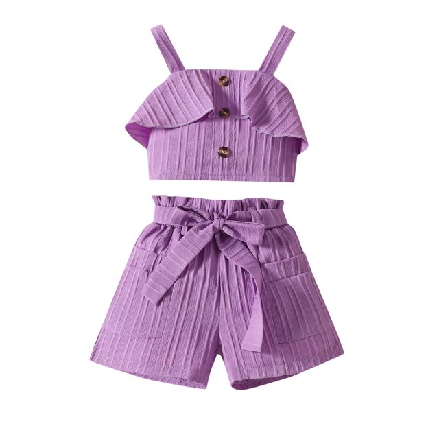 XDZJLR Child Girls Outfits Ribbed Knit Button Front Camisole Crop Tops And Track Shorts 2 Summer Clothing Set Purple 2-3 Years