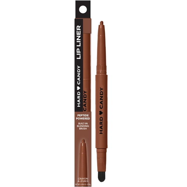 Hard Candy, INSTA POUT Lip Liner in brown with retractable tip and built-in blending brush, peptide-powered for plump, soft lips, shown alongside its packaging, suitable for defining lips or as a base for plumping gloss.