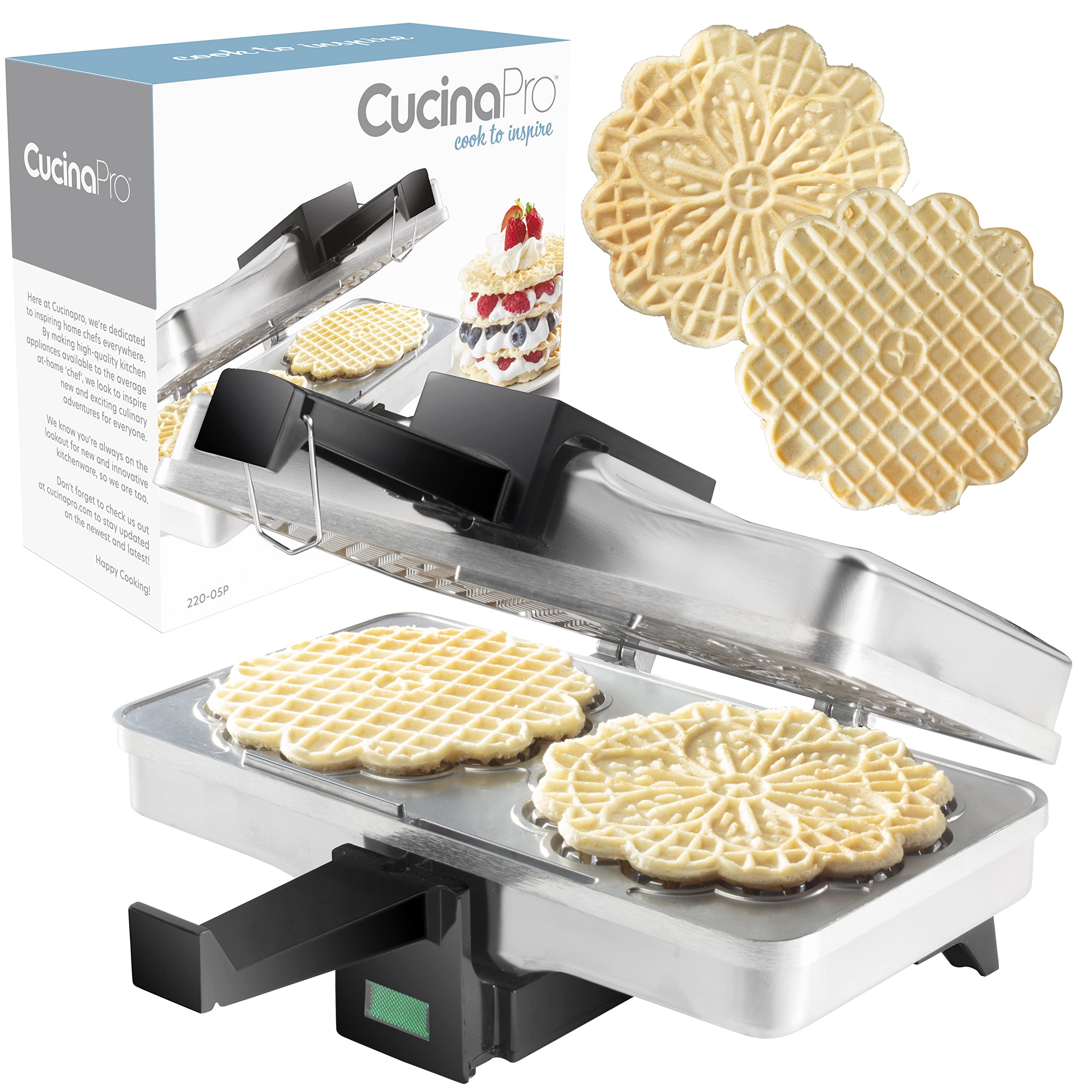 CucinaPro Pizzelle Maker - Polished Electric Baker Press Makes Two 5-Inch Cookies at Once- Recipe Guide Included- Party Treat Making Made Easy - Unique Birthday Baking Gift for Her, Cookie Swap