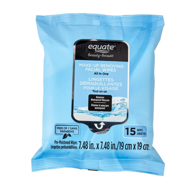 Equate Beauty MAKE-UP REMOVING FACIAL WIPES in light blue resealable pack with black and white label, containing 15 pre-moistened wipes measuring 7.48 by 7.48 inches (19 cm by 19 cm), formulated to remove waterproof mascara, free of parabens and suitable for all skin types.