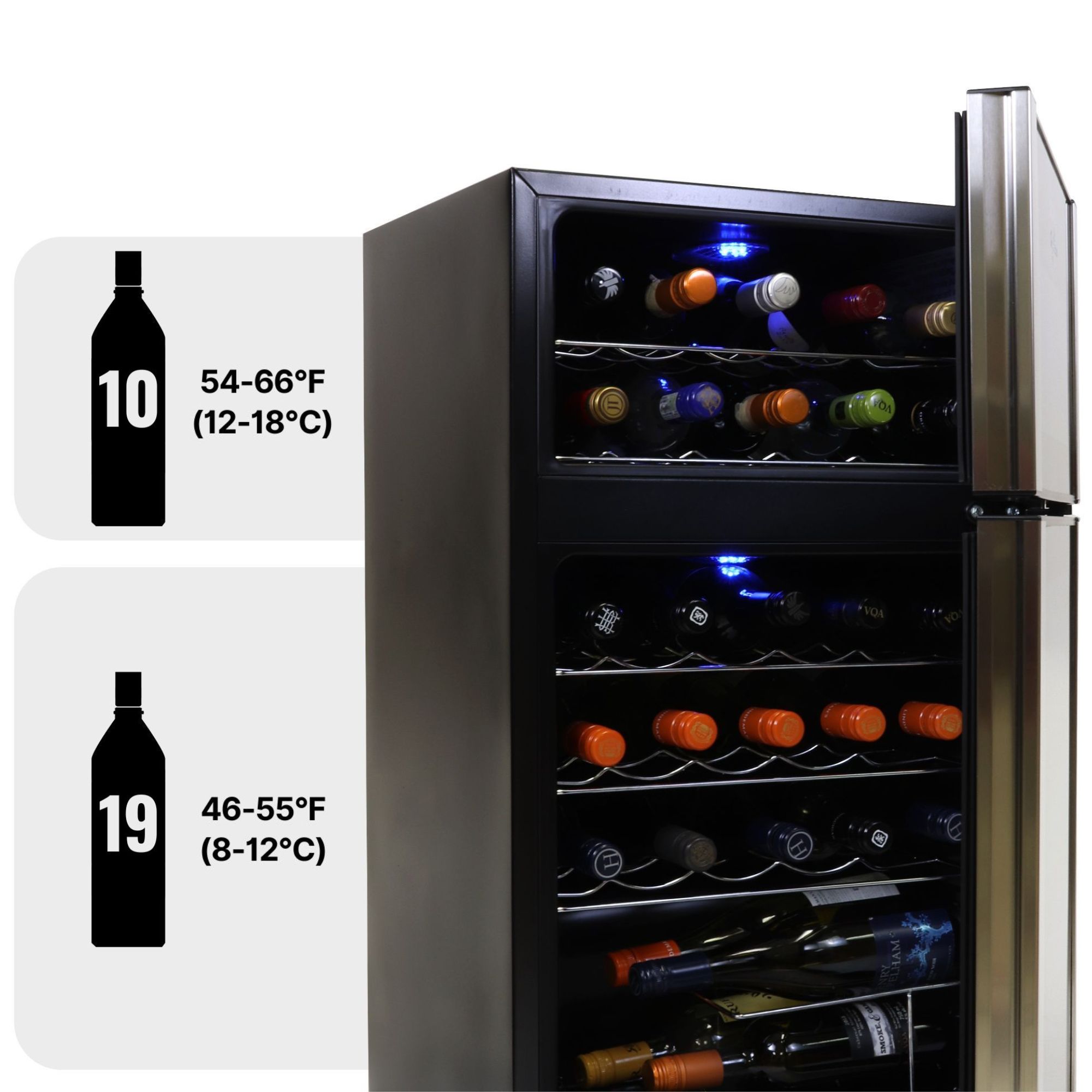 Koolatron 29 Bottle Dual Zone Wine Cooler, Black, 3 cu ft (86L) Compressor Wine Fridge, Freestanding Wine Cellar, Red, White, Sparkling Wine Storage in Home Bar, Kitchen, Apartment, Condo