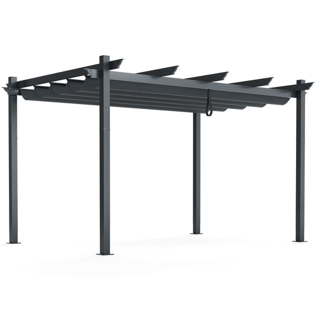 Gymax 10 x 13 Pi Auvent Extérieur en Aluminium Rétractable Pergola Abri pour Treillis à Vignes en Gris. Comprend un Cadre en Aluminium Enduit de Poudre avec des Pieds en Métal Pré-Percés pour la Stabilité. Comprend un Auvent Rétractable en Tissu Teint au Fil Qui Est Imperméable, anti-UV et Résistant à la Décoloration. Convient aux Jardins, aux patios Ou comme Treillis à Vignes.