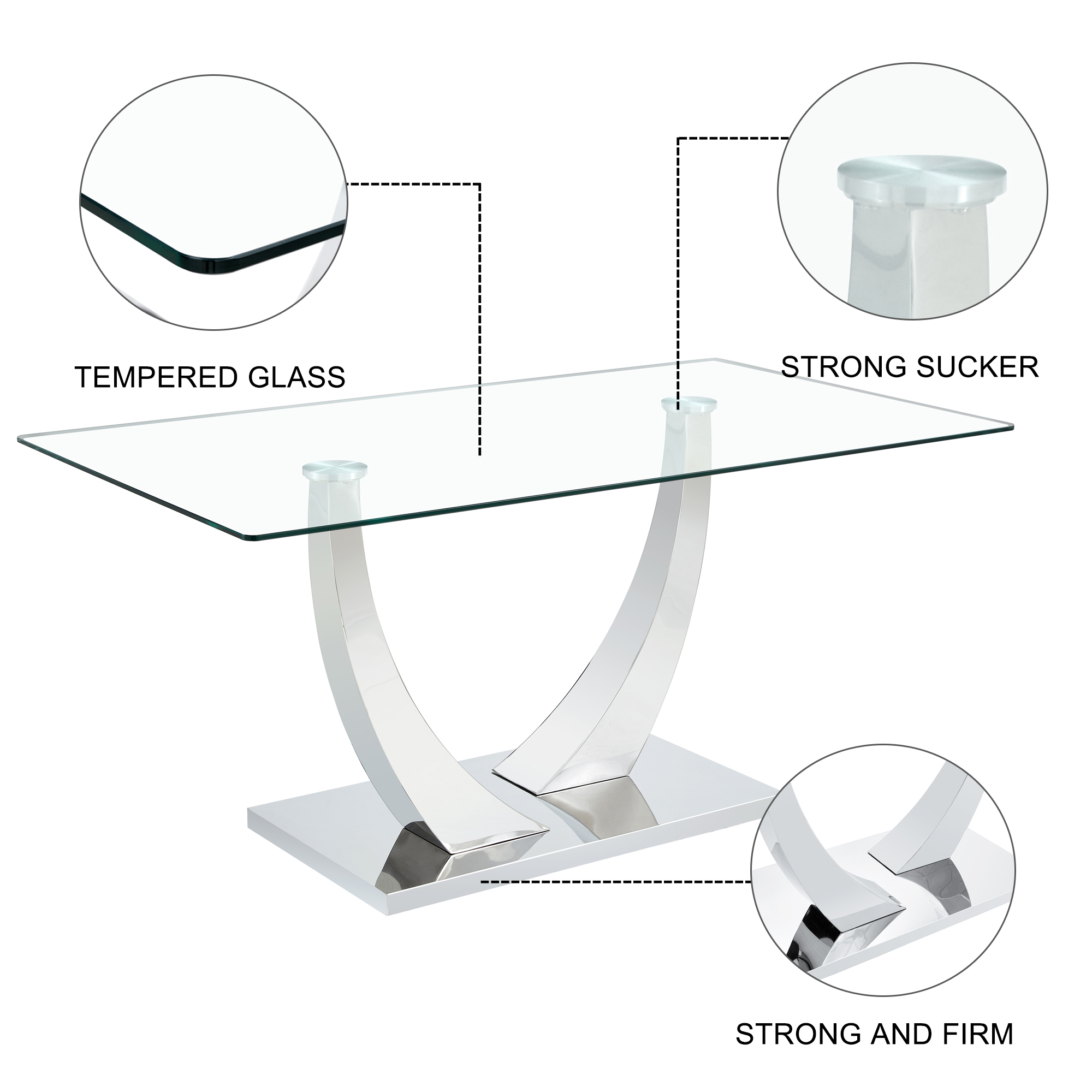 Table de salle à manger rectangulaire moderne Noble House 160 cm, plateau en verre trempé 1 cm d'épaisseur, argent